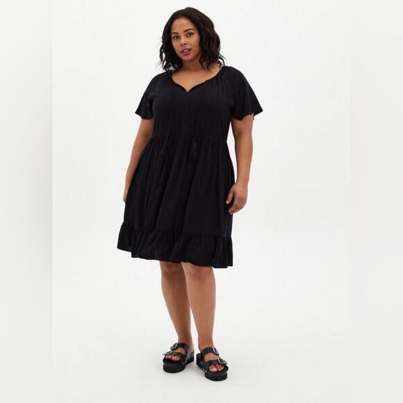 NWT Torrid Black Crosshatch Tiered Babydoll Dress 1X rayon